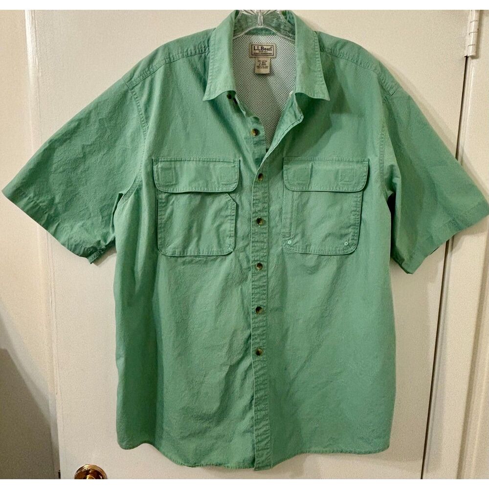L.L.Bean Y2K Mens Large Sage Green 100% Cotton Short Sleeve Angler Utility Shirt